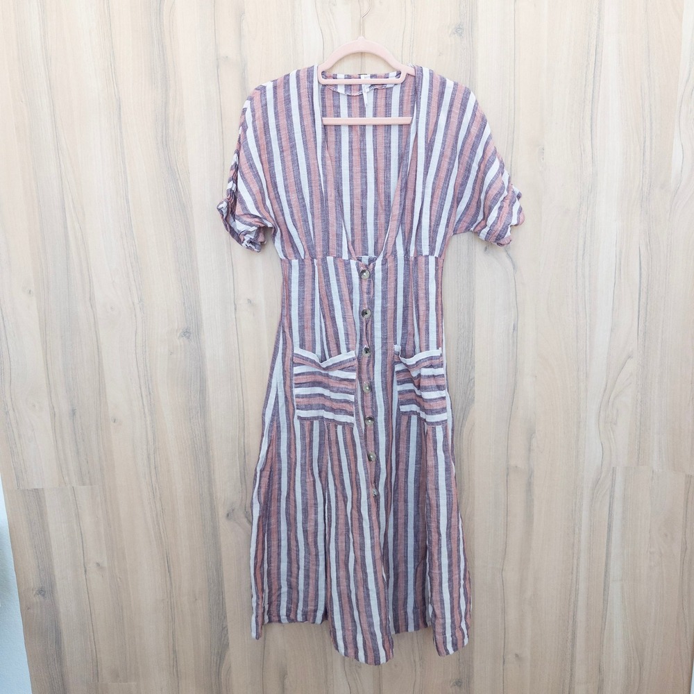 Free People Linen Midi Dress XS Striped Button Front Boho Coastal Beach Summer